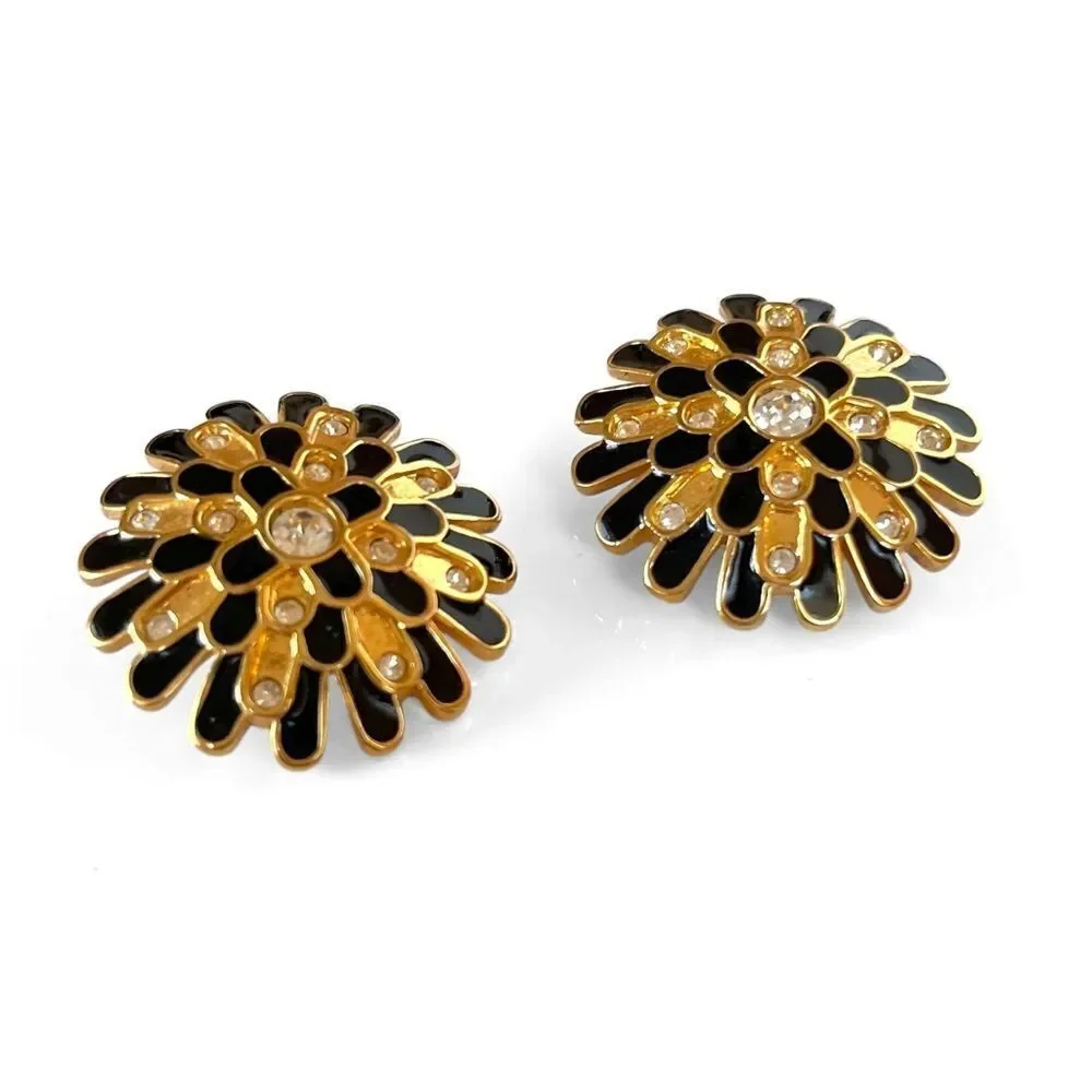 Vintage Swarovski Gold Enamel Crystal Sunburst Earrings